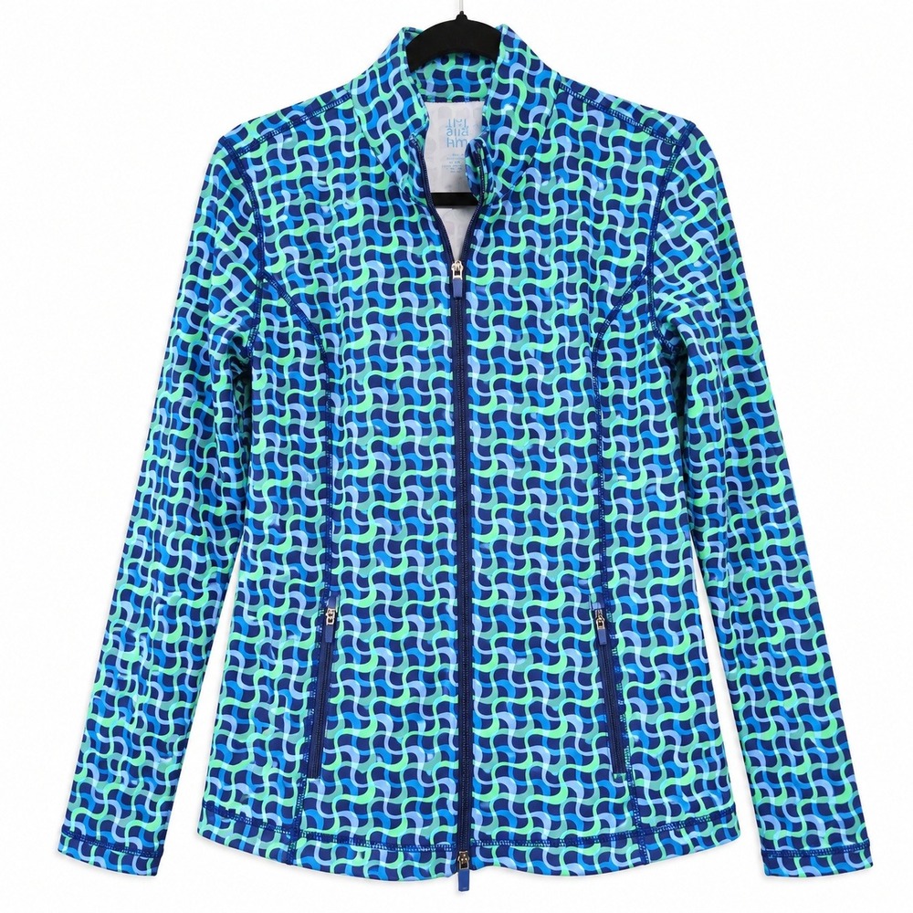 J.McLaughlin Billie Full Zip Jacket Women L Blue Geometric Athleisure Golf Sport